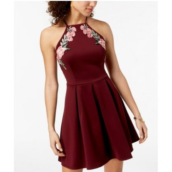 NEW B Darlin Embroidered Fit and Flare Mini Dress, Size Juniors 11/12, Cranberry - Picture 1 of 6
